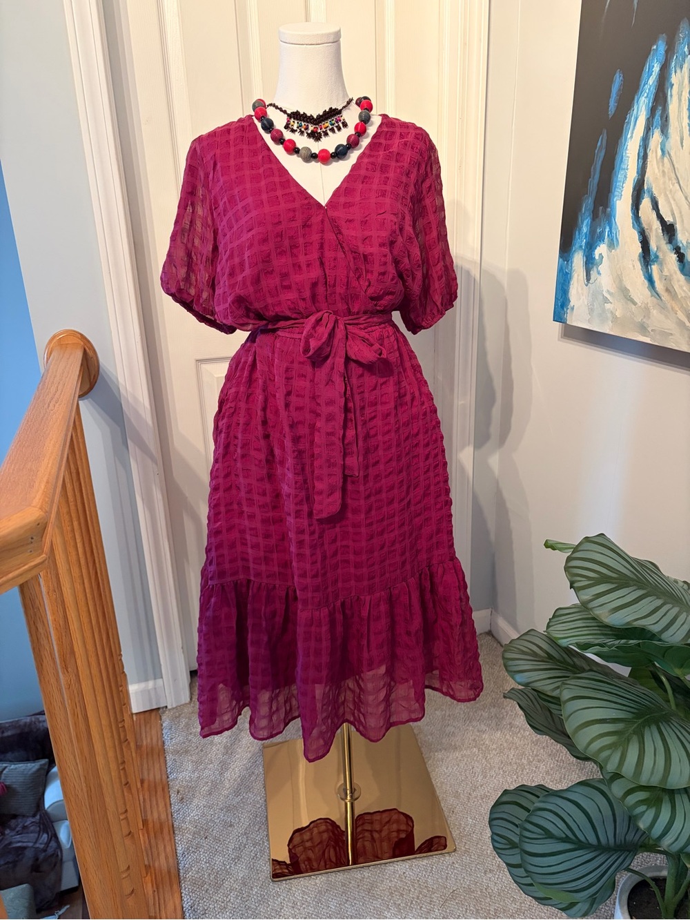 Magenta Textured V-Neck Midi Dress with Tie Waist